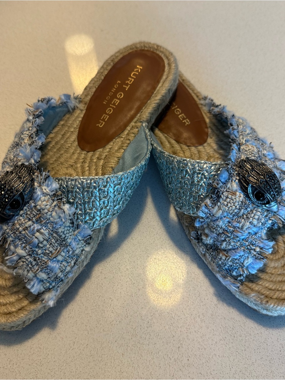 Kurt Geiger Cream and Light Blue Textured Espadrille Slide Mules